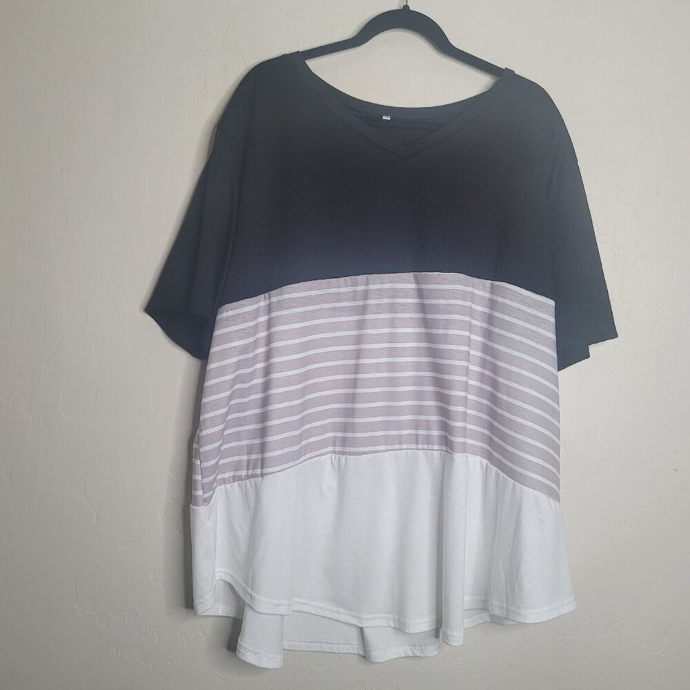 Dolnine Plus Size 28W Black White Gray Stripe Color Block Short Sleeve